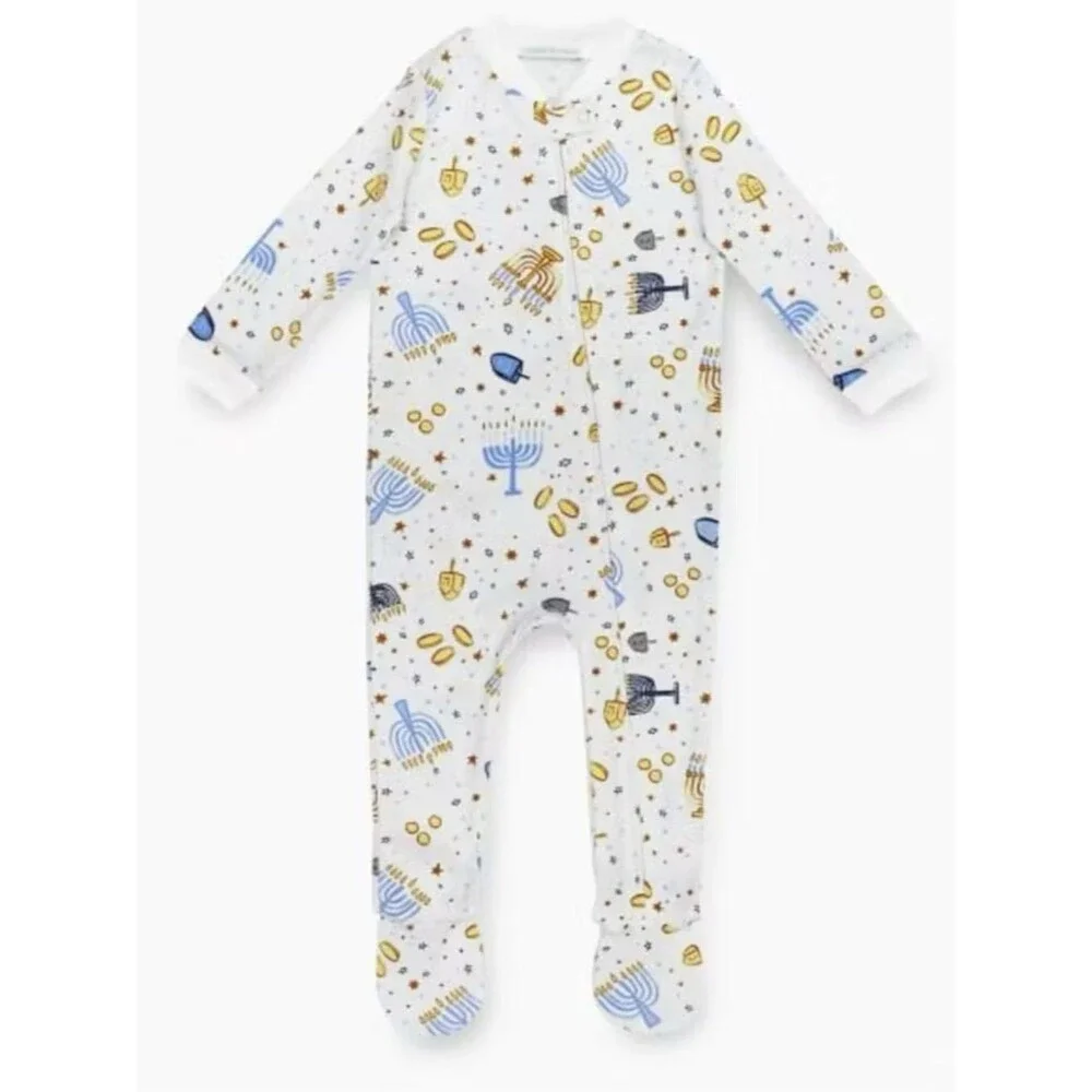 Pottery Barn Kids Baby One Piece Hanukkah Pattern Zip Up Footie PJs. 9-12 Months